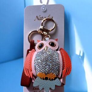 NEW Natasha Owl with Rhinestones and Small Backpouch Faux Leather Bag Charm 6"x3